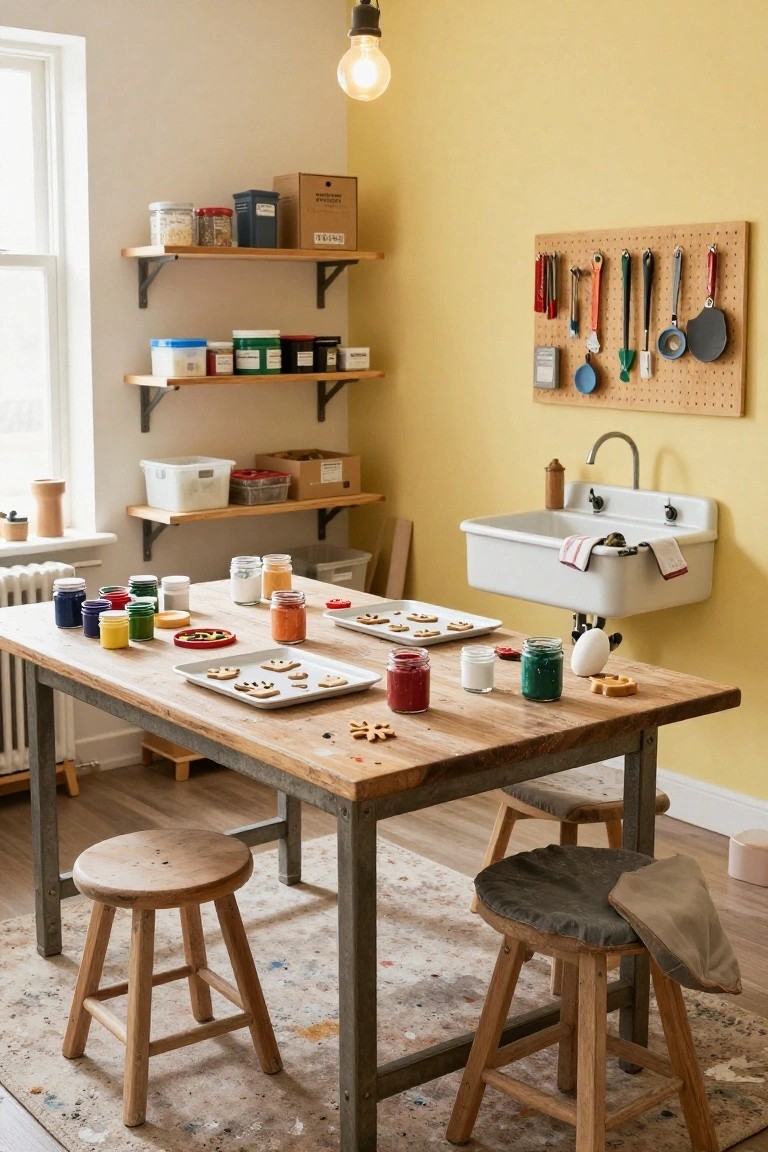 Craft room interior with yellow walls, wooden table holding colorful paint jars, glass containers, and baking trays with Christmas-shaped cookie cutters, open shelves stocked with supplies, pegboard wall with utensils, white sink, and wooden stools.