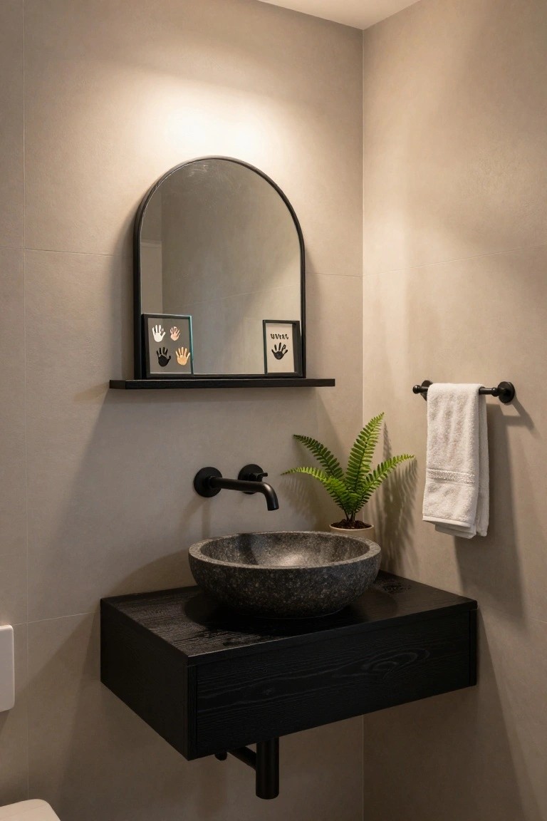 Corner of a modern bathroom featuring a black floating vanity with gray stone vessel sink, black wall-mounted faucet, arched black mirror, black shelf with handprint art frames, black towel bar holding a white towel, potted fern plant, and beige tiled walls.