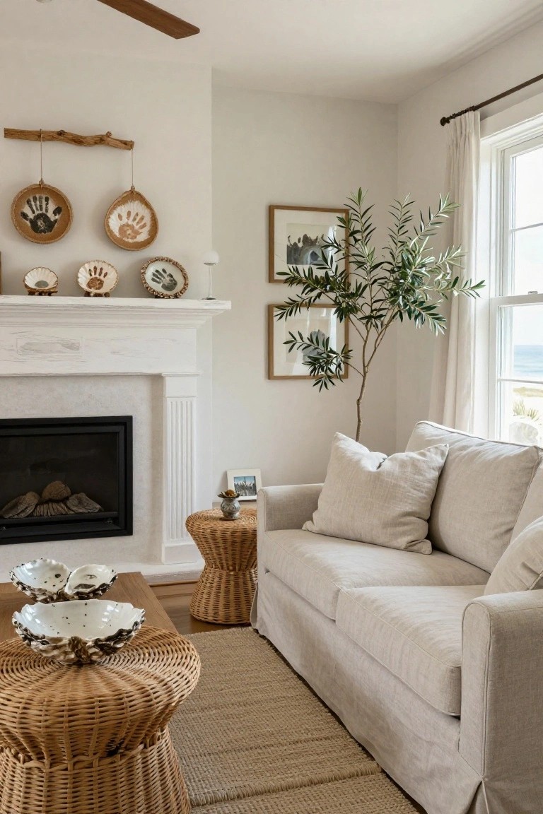 Living room corner with white fireplace, beige linen sofa, rattan stools, olive tree in corner, window overlooking ocean, and wall-hung bowls and plates decorated with handprints and shells.