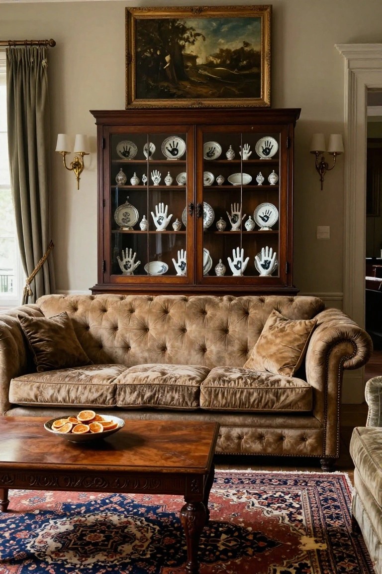 A beige velvet tufted sofa sits in a living room with a wooden coffee table holding a bowl of oranges, an Oriental rug on the floor, and a tall wooden china cabinet displaying white porcelain plates and hand-shaped figurines with black handprint designs, under a large landscape painting on the wall.