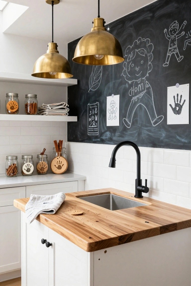 Kitchen island with wooden countertop, white cabinets, black faucet over sink, open shelf holding jars of cinnamon sticks with handprint decorations, wooden handprint coasters, and a chalkboard wall with children's drawings and handprints.
