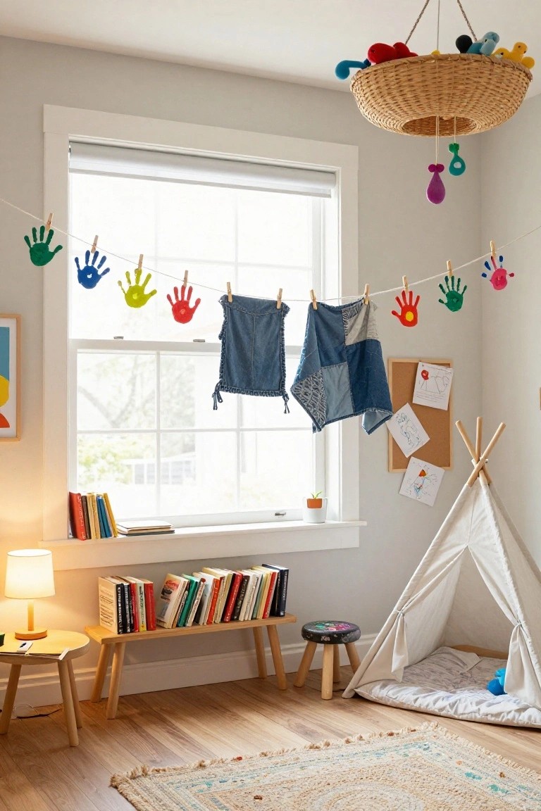 Brightly decorated children's room with colorful handprints, denim shorts, books, and a teepee.