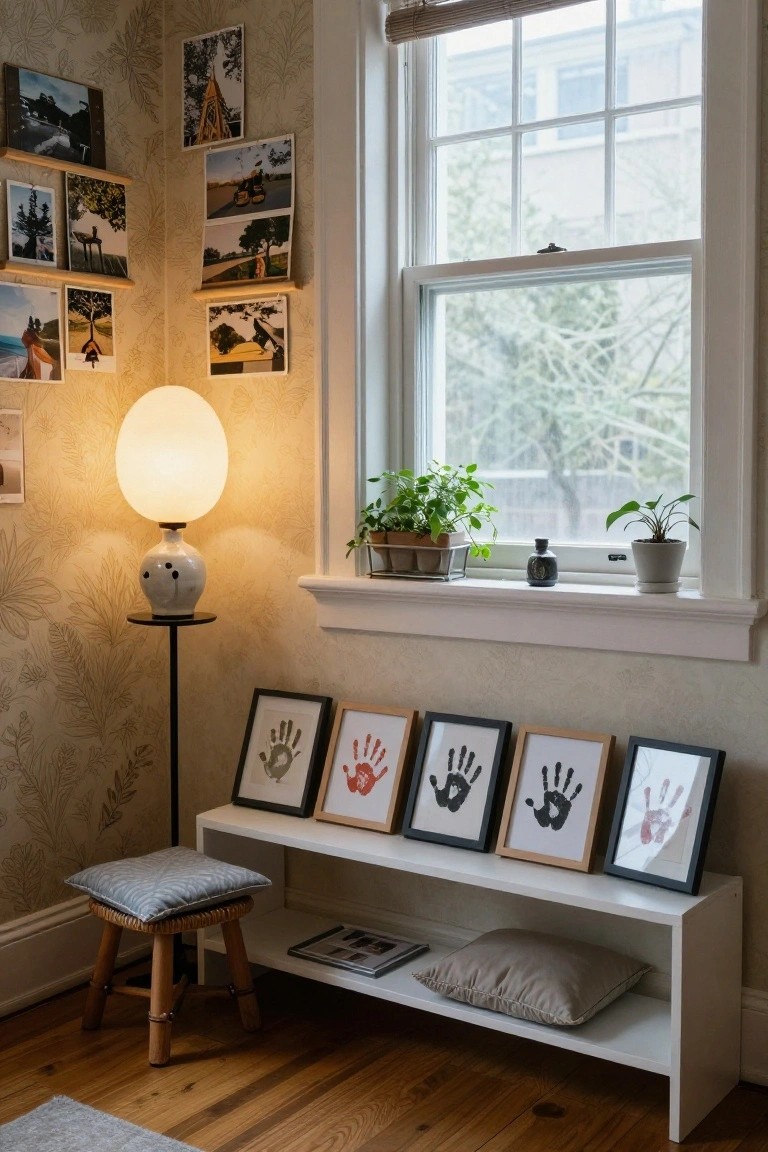 Cozy indoor room corner with leafy wallpaper, a large window with plants on the sill, a ceramic floor lamp, a low white shelf displaying five framed handprint artworks in various frames, family photos on wall shelves, and a small stool nearby.