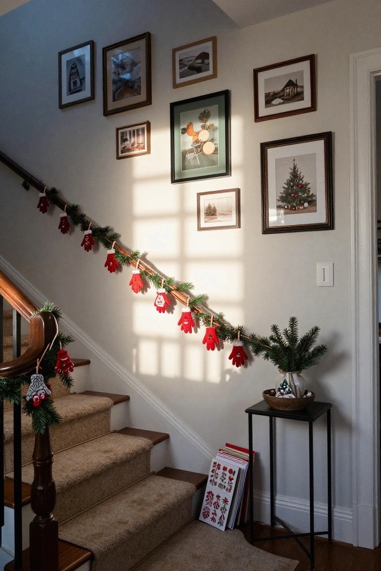 Carpeted interior staircase with wooden banister strung with red fabric mittens and evergreen garland, walls displaying assorted framed photos and artwork, small black side table holding a bowl of holiday items nearby.