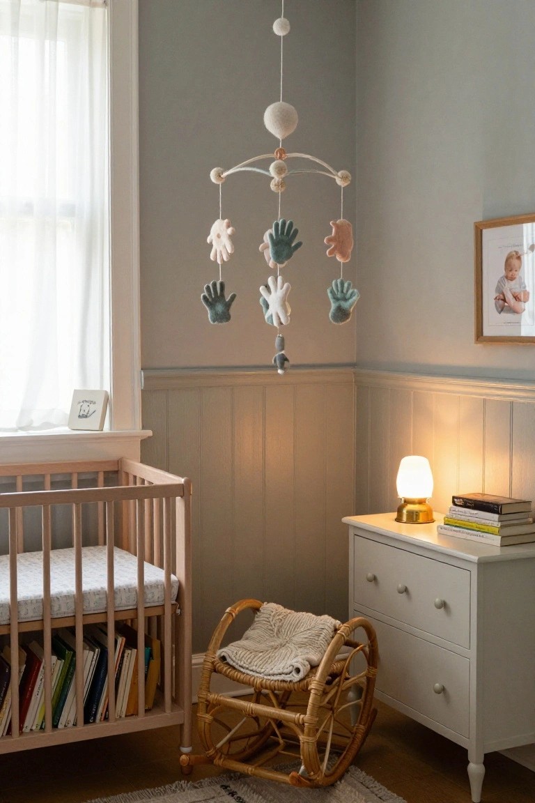 Nursery corner showing a wooden crib with mobile of colorful felt handprints hanging above it, next to a white dresser with lamp, books, and a wicker rocking chair on a wooden floor.