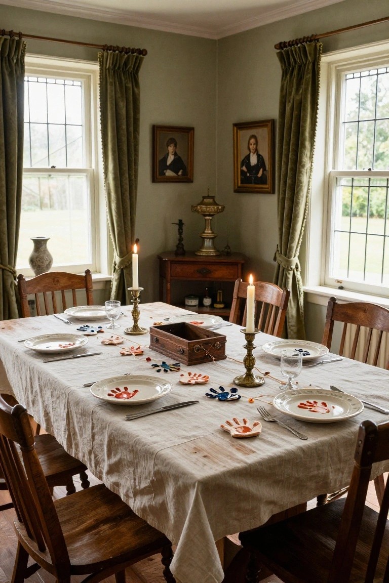 Corner dining room with wooden table set for a meal, plates and coasters featuring colorful handprint designs in clay and paint, brass candlesticks, green curtains on leaded windows, and wooden chairs.
