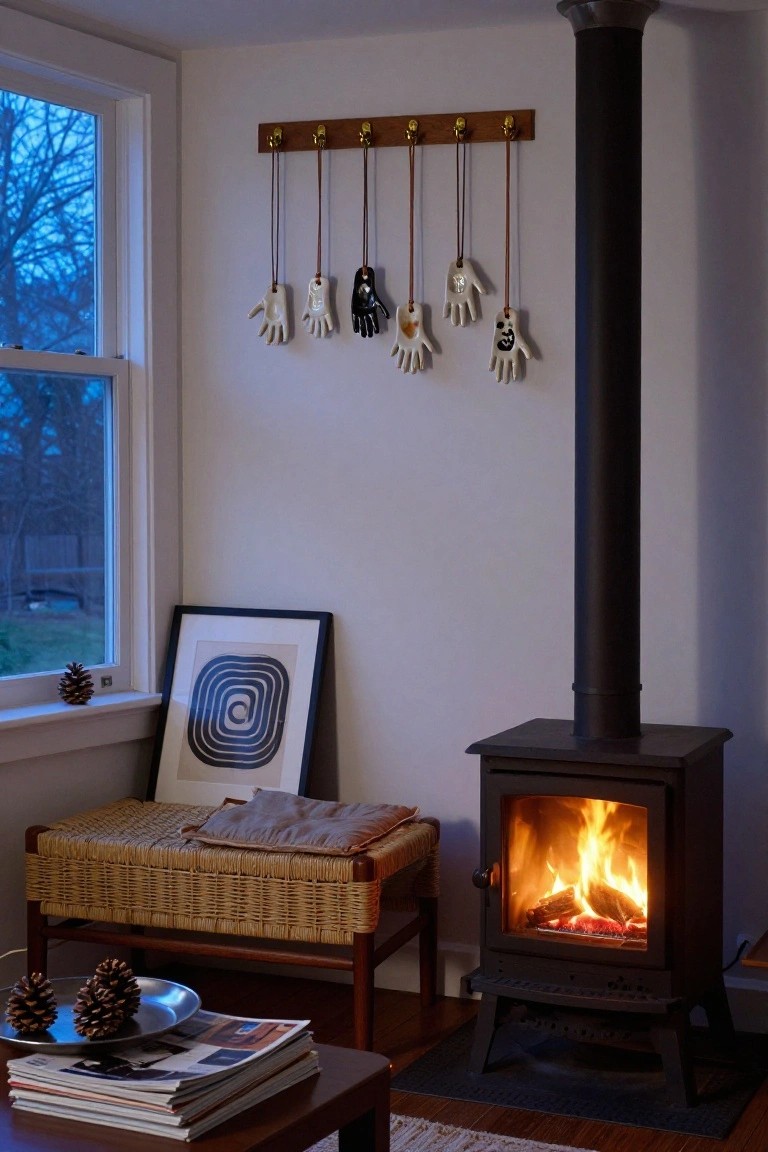 Cozy indoor room corner with lit wood-burning stove, wicker bench with throw, low wooden table holding magazines and pinecones, framed black-and-white abstract print, and ceramic hand-shaped ornaments in white and black hanging from leather cords on a wooden wall rack next to a window with pinecone on sill.
