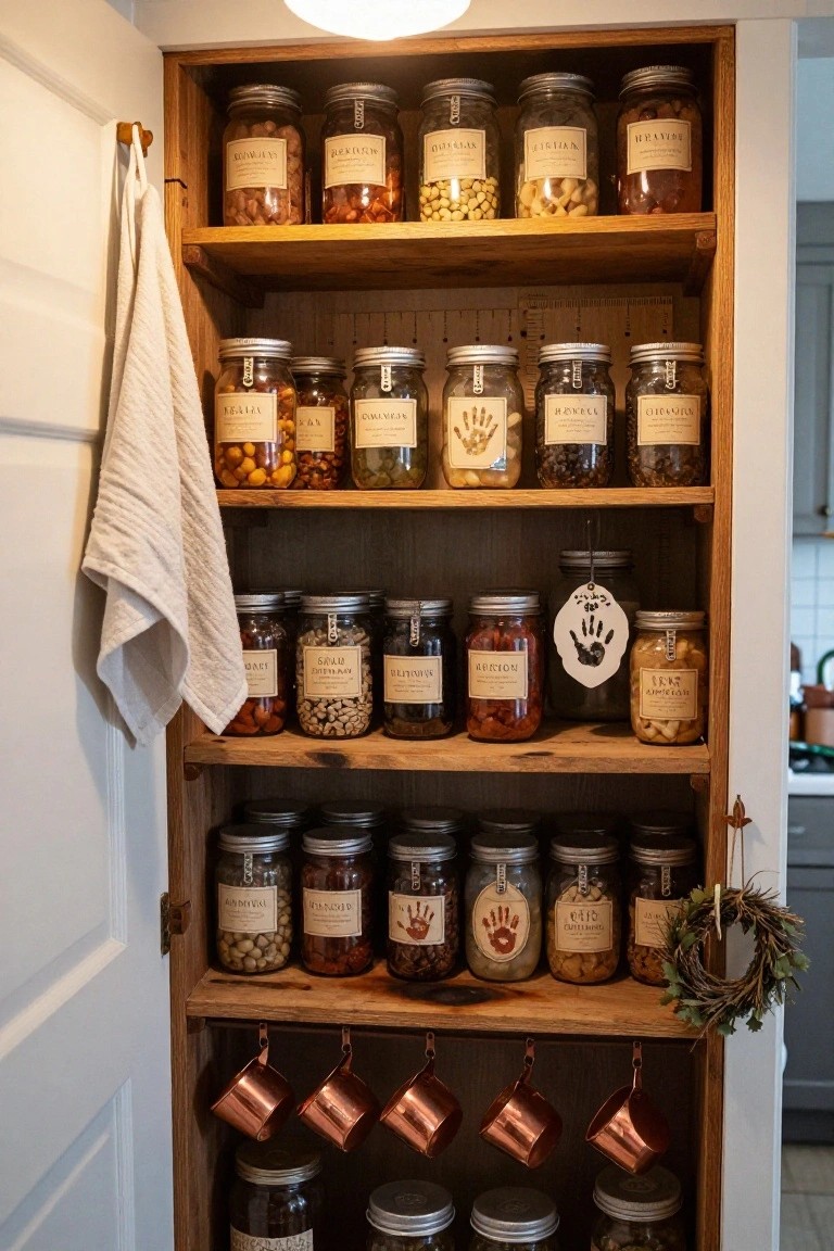 Open wooden pantry cabinet with multiple shelves holding glass jars of various nuts, beans, spices, and dried foods, some with handprint labels and decorations, a white towel draped on the side, and copper mugs hanging from the bottom shelf.