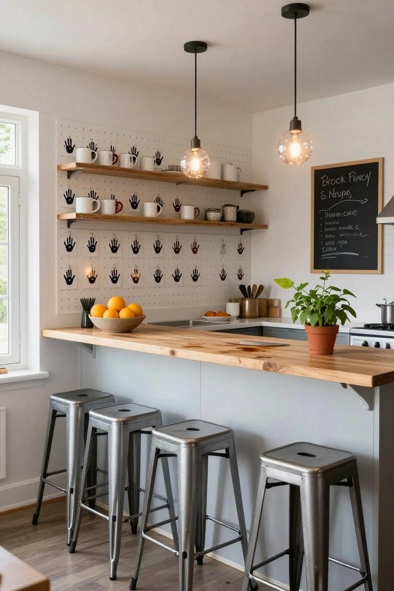 White kitchen wall with black handprint silhouettes forming a pegboard pattern, featuring wooden shelves holding white mugs, a bowl of oranges on the wood counter below, metal bar stools, pendant lights, and a chalkboard menu.