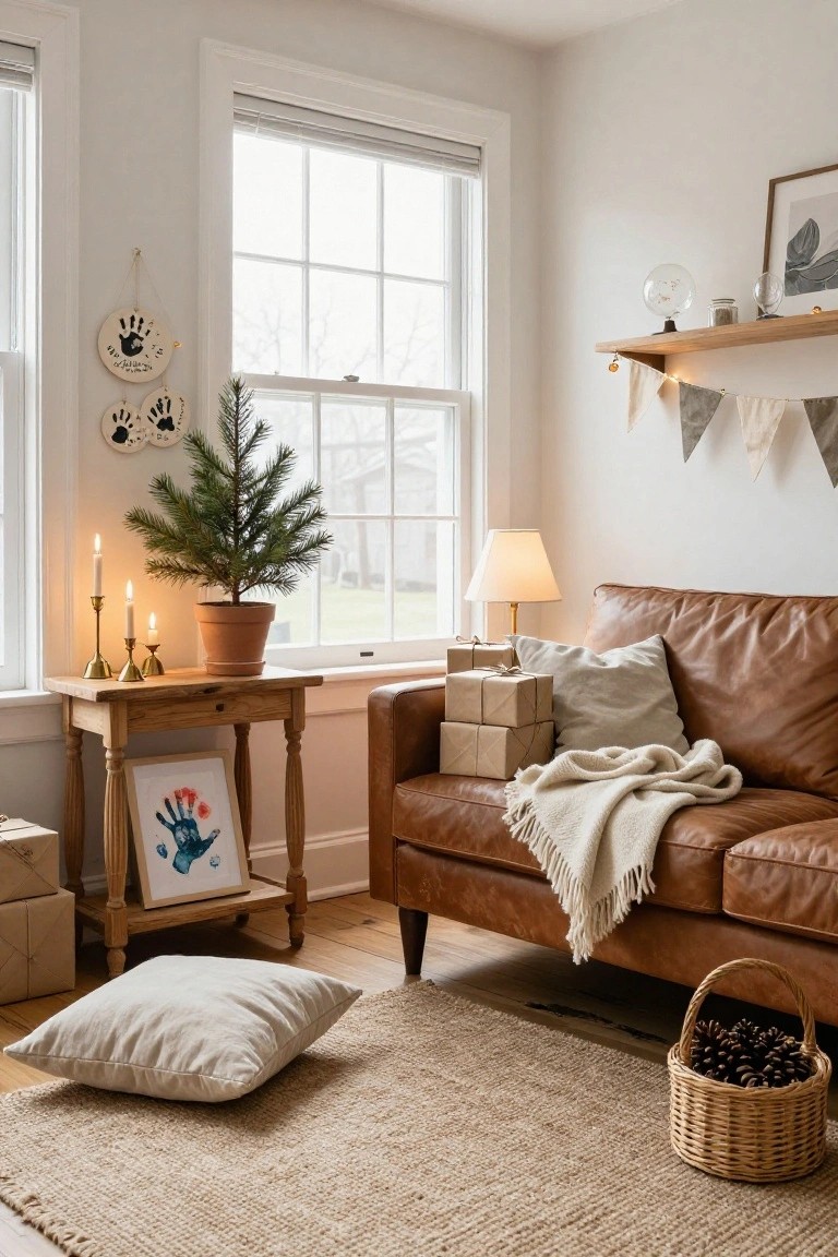 Cozy living room corner featuring a tan leather sofa with pillows and throw, small potted Christmas tree, candles on wooden table with handprint frame, handprint plaques on wall, wrapped gifts, floor pillow, seagrass rug, and basket of pinecones.