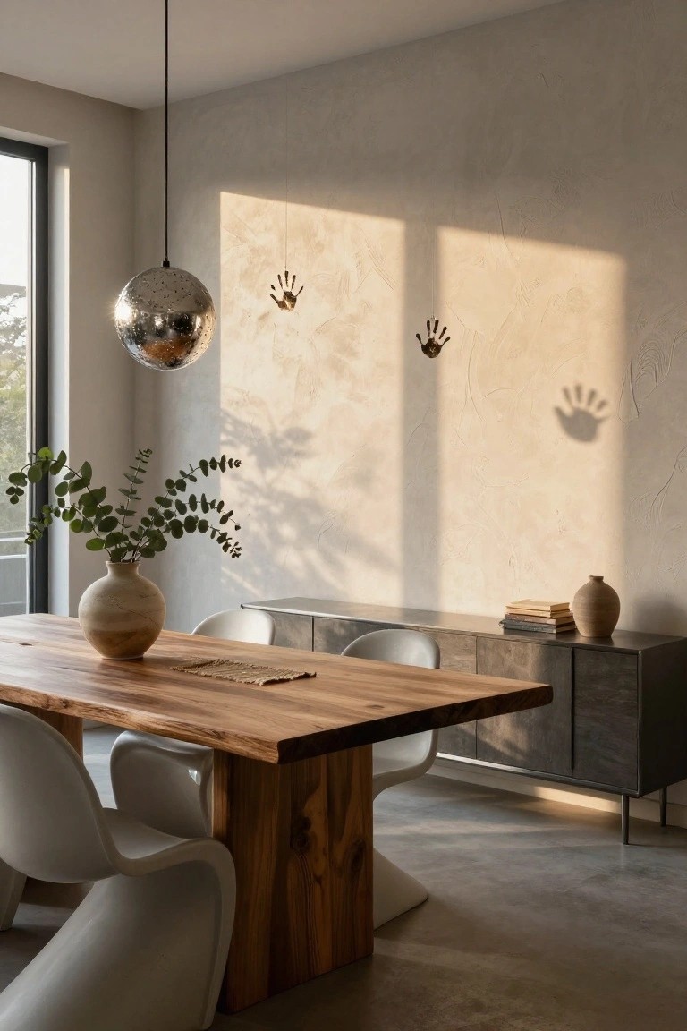 Modern dining room interior with live-edge wooden table, white molded plastic chairs, beige textured wall with two metallic handprint sculptures and shadows, eucalyptus in terracotta vase, sideboard with books and vase, and disco ball pendant light over table.