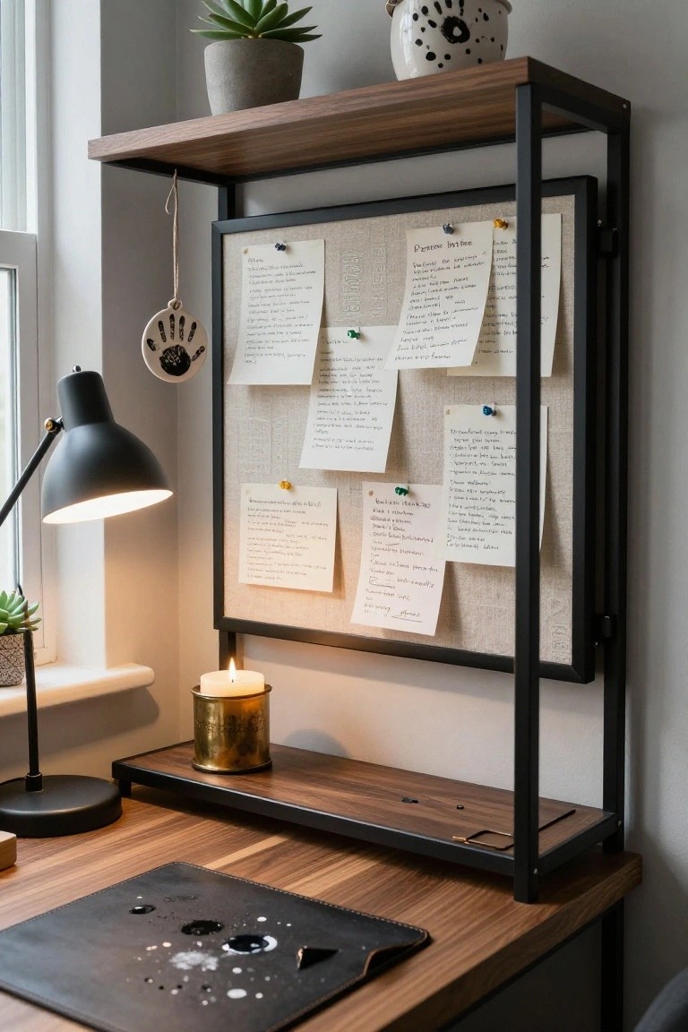 Home office desk setup with wooden surface, leather mouse pad, black metal shelf unit holding potted plants, white patterned vase, bulletin board with pinned handwritten notes, ceramic handprint ornament hanging from string, desk lamp, and brass candle holder.