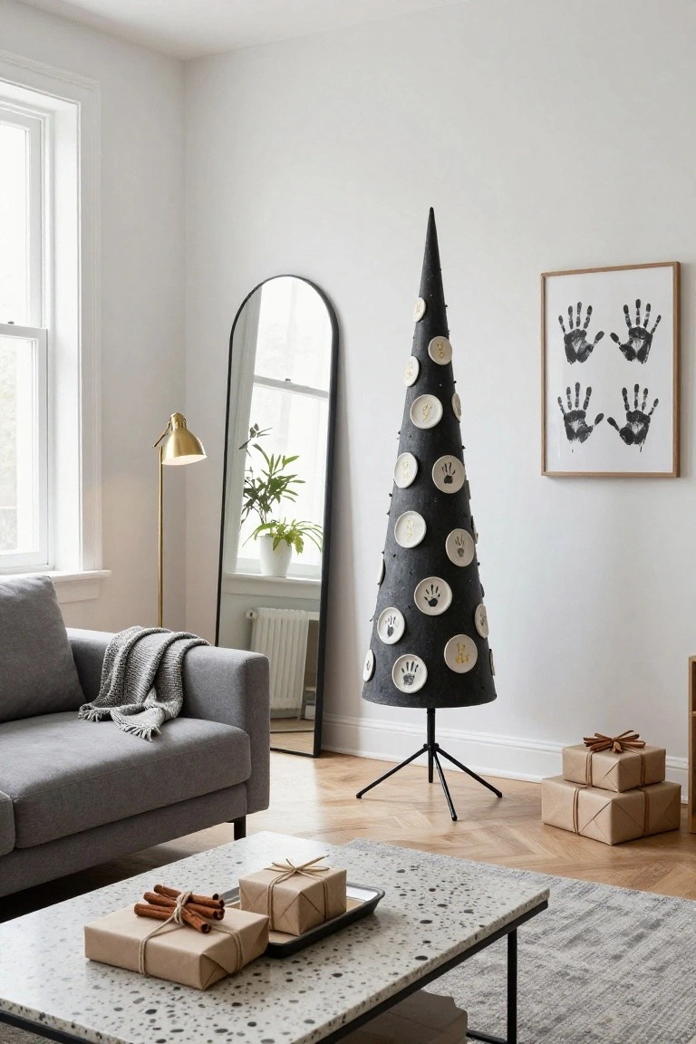 A black conical Christmas tree stand decorated with white saucers featuring gold handprints stands in a modern living room with a gray sofa, coffee table with wrapped gifts and cinnamon sticks, gold floor lamp, potted plant, full-length mirror, and framed handprint art on the wall.