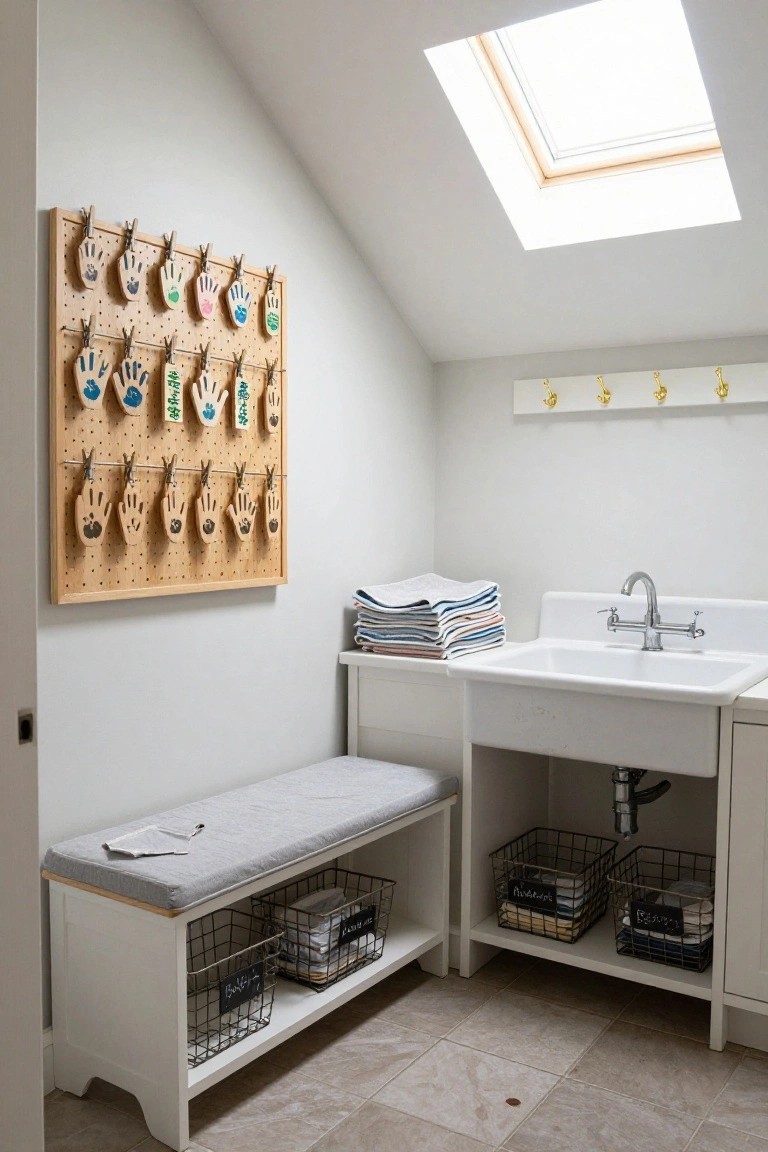 Pegboard wall mounted in a white attic-style laundry room holding colorful handprint crafts on clips, next to a white sink cabinet, bench with baskets, and wall hooks under a skylight.