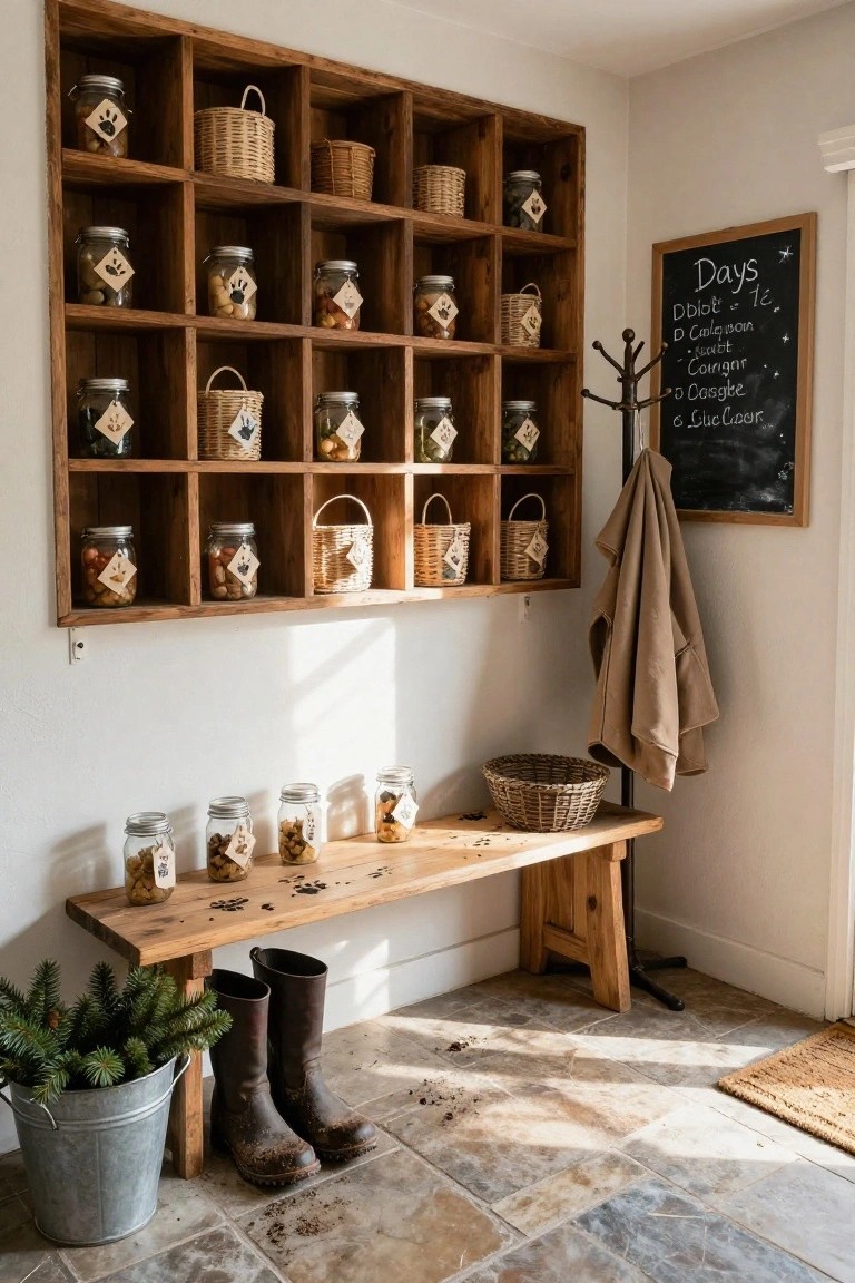 Rustic wooden cubby wall shelf filled with mason jars of dog treats labeled with paw prints and fabric baskets, beside a wooden bench with tall boots, coat rack with coat, chalkboard sign listing dog names, and metal bucket of greenery in a tiled entryway.