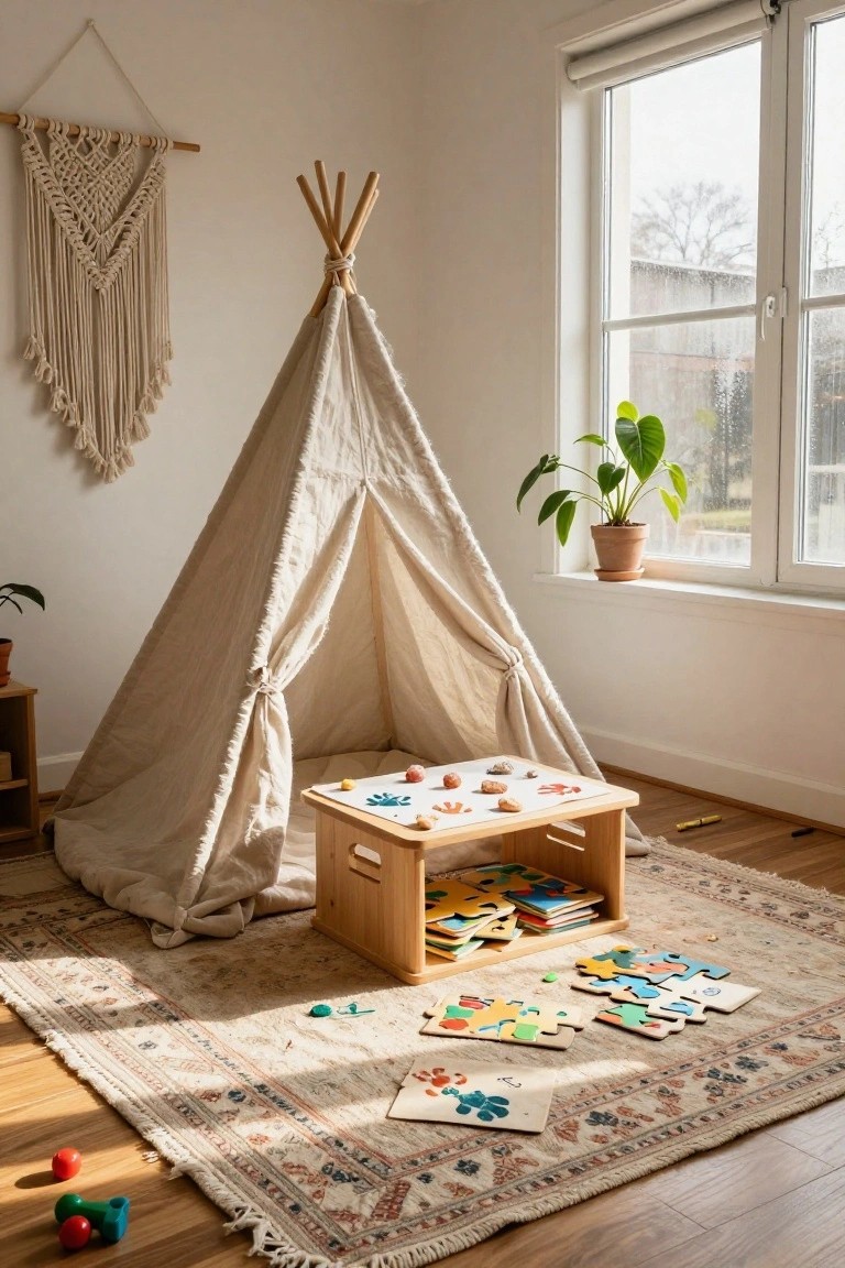 Beige canvas teepee tent in a light room with wooden low table holding handprint artwork, rocks, and toys, puzzles scattered on a patterned rug, macrame hanging on wall, plants, and window with blinds.