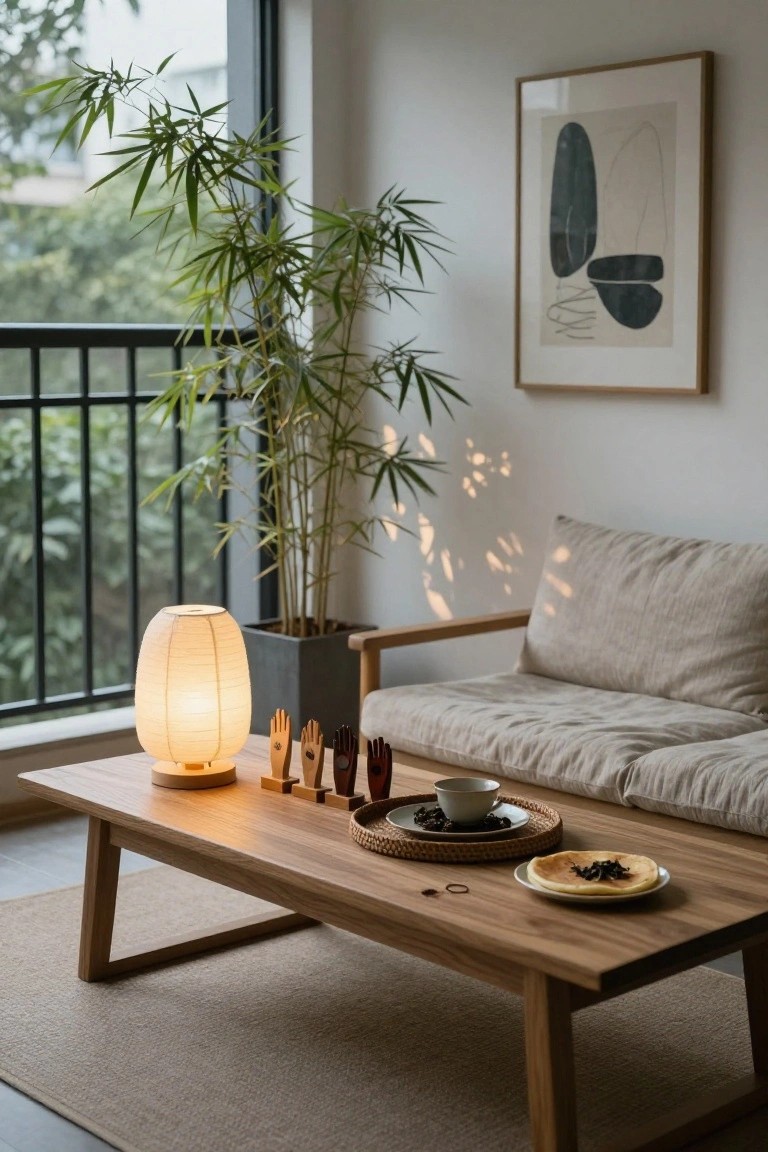 Minimalist living room interior with beige sofa, wooden coffee table holding small wooden hand and finger sculptures, rice paper lamp, teacup, plates with food, and large potted bamboo plant by window with balcony view.