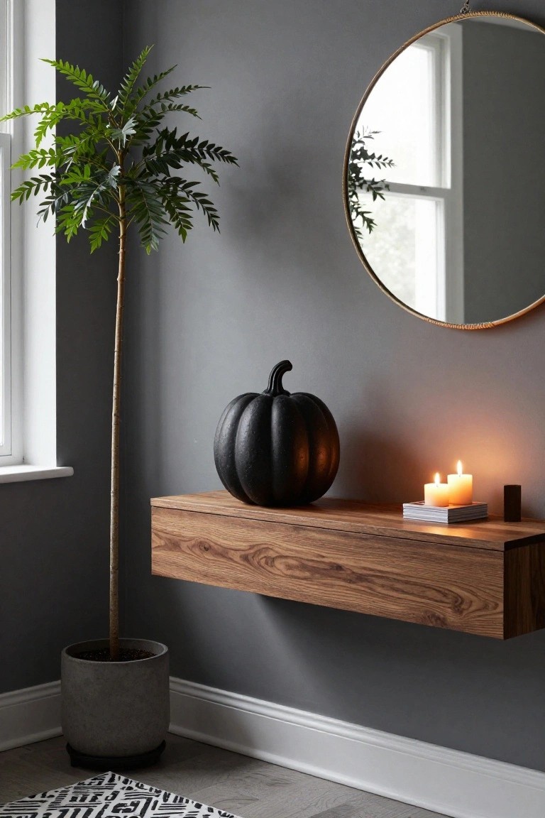 Gray entryway corner with tall potted plant in concrete pot, floating wooden shelf holding large black pumpkin and lit candles on a tray, round brass mirror on wall, white window frame, and black-and-white geometric rug on light wood floor.