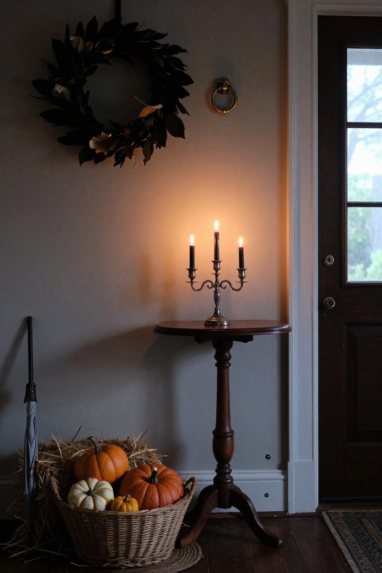Entryway corner featuring a black leaf wreath on the wall, silver three-candle candelabra lit on a wooden pedestal table, basket of assorted pumpkins in hay beside a dark umbrella stand, next to a wooden door with glass panels.