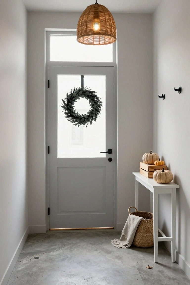 Entryway hallway with a glass-paneled gray front door hung with an eucalyptus wreath, white console table displaying stacked wooden crates topped with white pumpkins, woven basket with beige throw blanket on concrete floor under rattan pendant light.