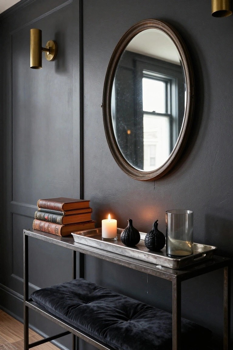 Dark gray paneled entryway with brass wall sconces, large oval mirror, metal console table topped with stacked leather books, white pillar candle, two black pumpkin sculptures, clear glass vase on silver tray, and black velvet bench below.