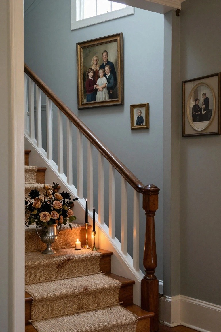 Staircase in a pale blue entryway with white railings, wood trim, family portraits on walls, beige seagrass runner on steps, silver urn of dark flowers and black taper candles at the bottom.