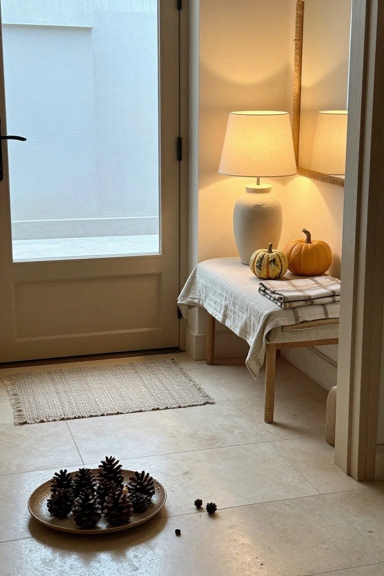 Entryway interior featuring a beige console table with small pumpkins, a white ceramic lamp, folded linens, a seagrass rug, pinecones on a plate on the limestone floor, and a large glass door.