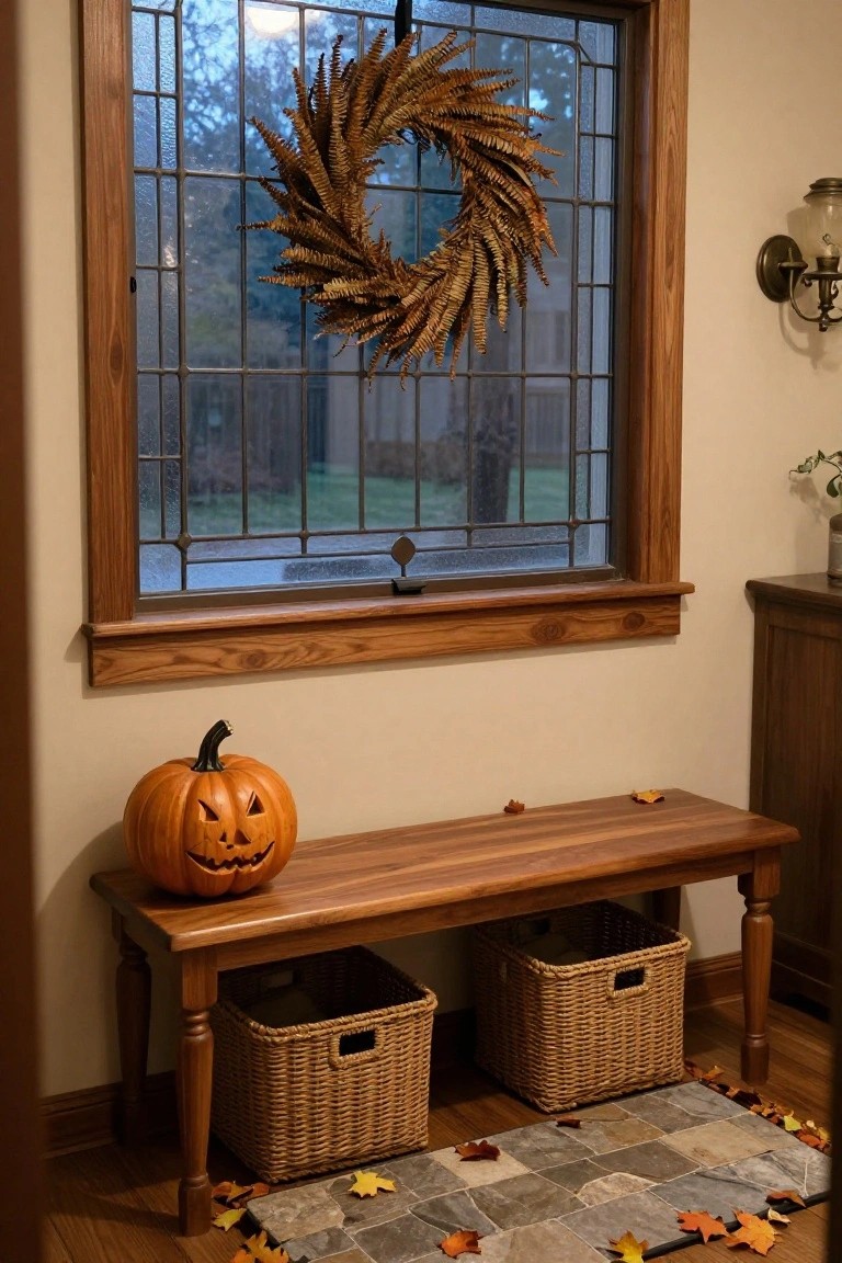 Indoor entryway corner featuring a wooden bench with two woven baskets stored underneath, a carved jack-o-lantern pumpkin beside the bench, a wheat stalk wreath hanging on a leaded glass window, a wall lamp, and a stone tile rug with scattered fall leaves.