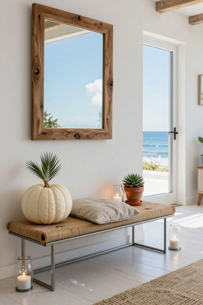 Entryway corner with tall wooden-framed mirror on white wall, rattan bench on metal legs holding white pumpkin and beige cushion, potted palm and succulent, glass lanterns with candles, and glass door to ocean view.