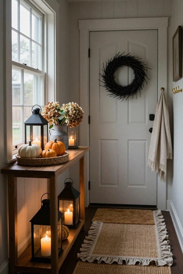 Narrow interior entryway with light gray walls, wooden console table holding pumpkins on a round tray, hydrangea bouquet, and black lanterns with candles, white paneled door with black wreath, beige towel on hook, and fringed seagrass rug on wood floor.