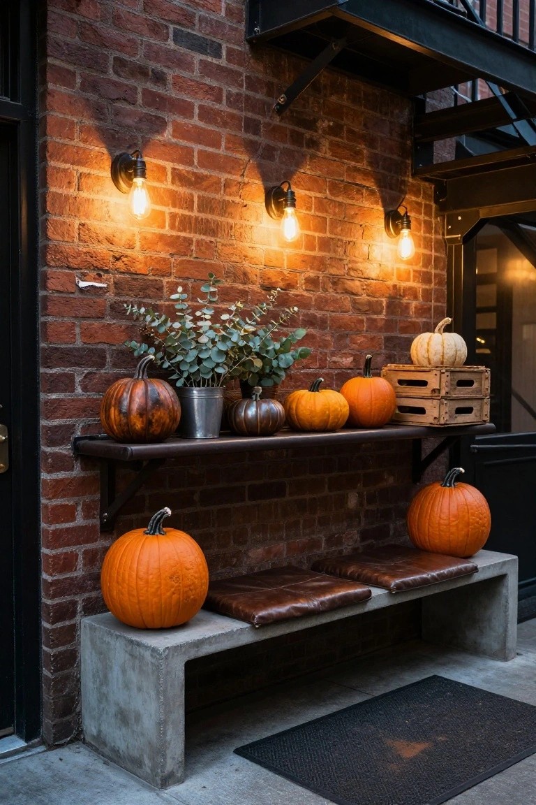 Brick exterior wall with mounted wooden shelf displaying assorted pumpkins, galvanized buckets of plants, and wooden crates, illuminated by three industrial wall lamps, concrete bench with brown leather cushions below, black doormat on sidewalk.