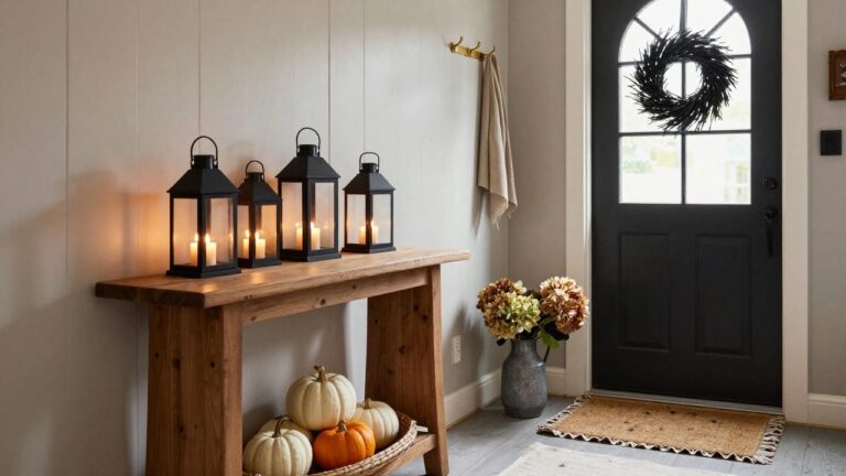 Narrow interior entryway with light gray walls, wooden console table holding pumpkins on a round tray, hydrangea bouquet, and black lanterns with candles, white paneled door with black wreath, beige towel on hook, and fringed seagrass rug on wood floor.