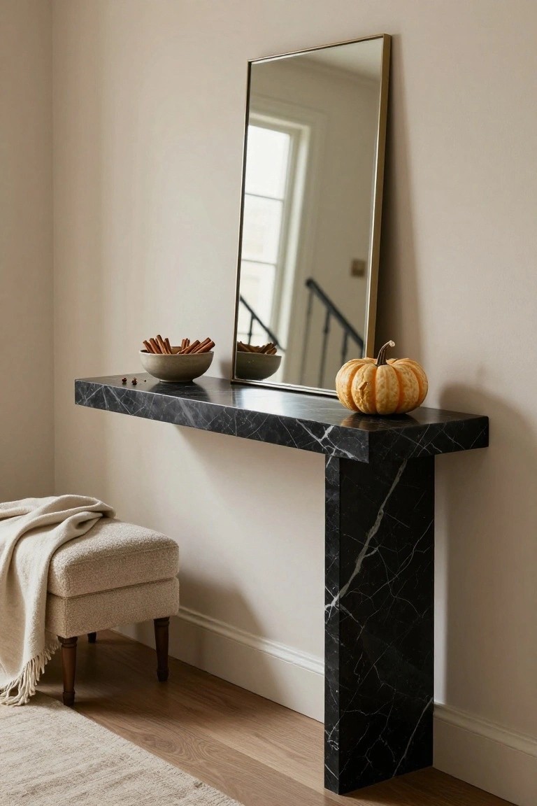 Black marble floating console shelf mounted on a beige wall holding a gold-framed mirror, a ceramic bowl of cinnamon sticks, and a small orange pumpkin, with a beige upholstered ottoman below in a light entryway.