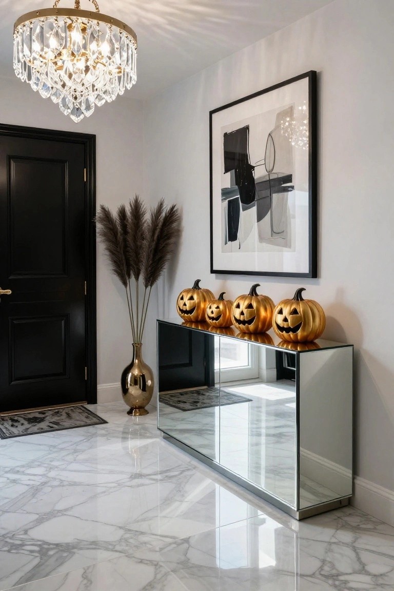 Entryway with crystal chandelier, black front door, four gold jack-o-lantern pumpkins and brass vase with pampas grass on mirrored console table, white walls, abstract art, and white marble floor.