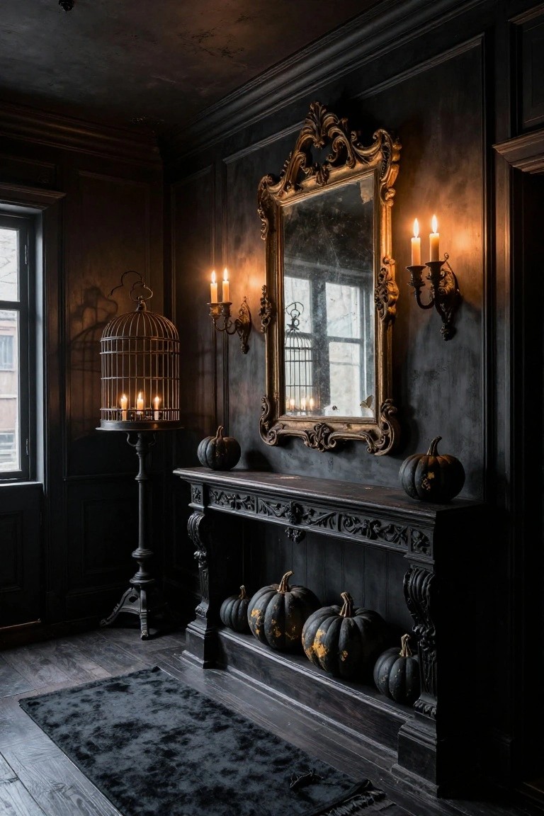Dark paneled entryway room with ornate gilded mirror over carved wood console table holding several black gold-flecked pumpkins, candlelit birdcage on stand nearby, wall sconces, and black rug on wood floor.