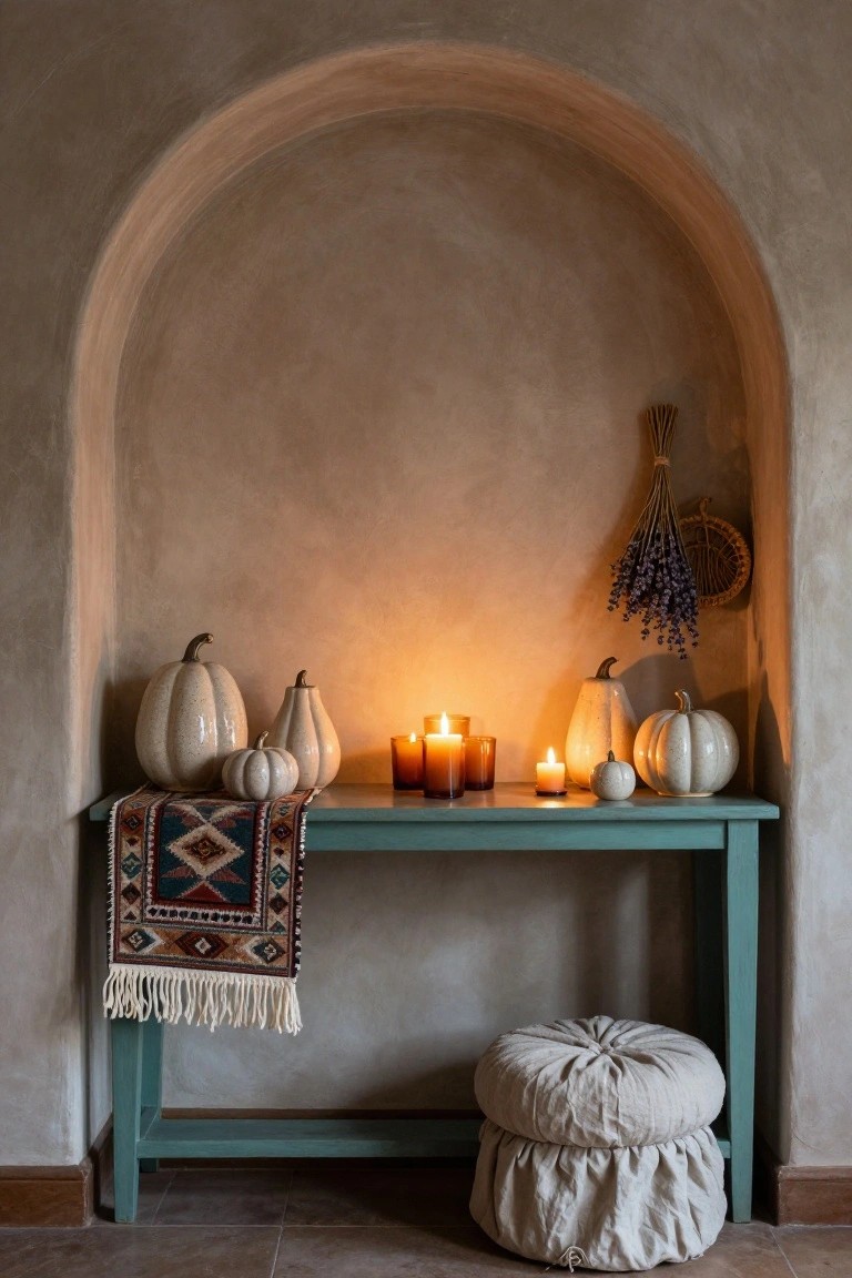 Arched beige plaster wall niche with turquoise console table holding assorted white ceramic pumpkins and burning amber candles on a colorful patterned runner, linen pouf stool at base, dried lavender and wheat bundle hanging nearby.