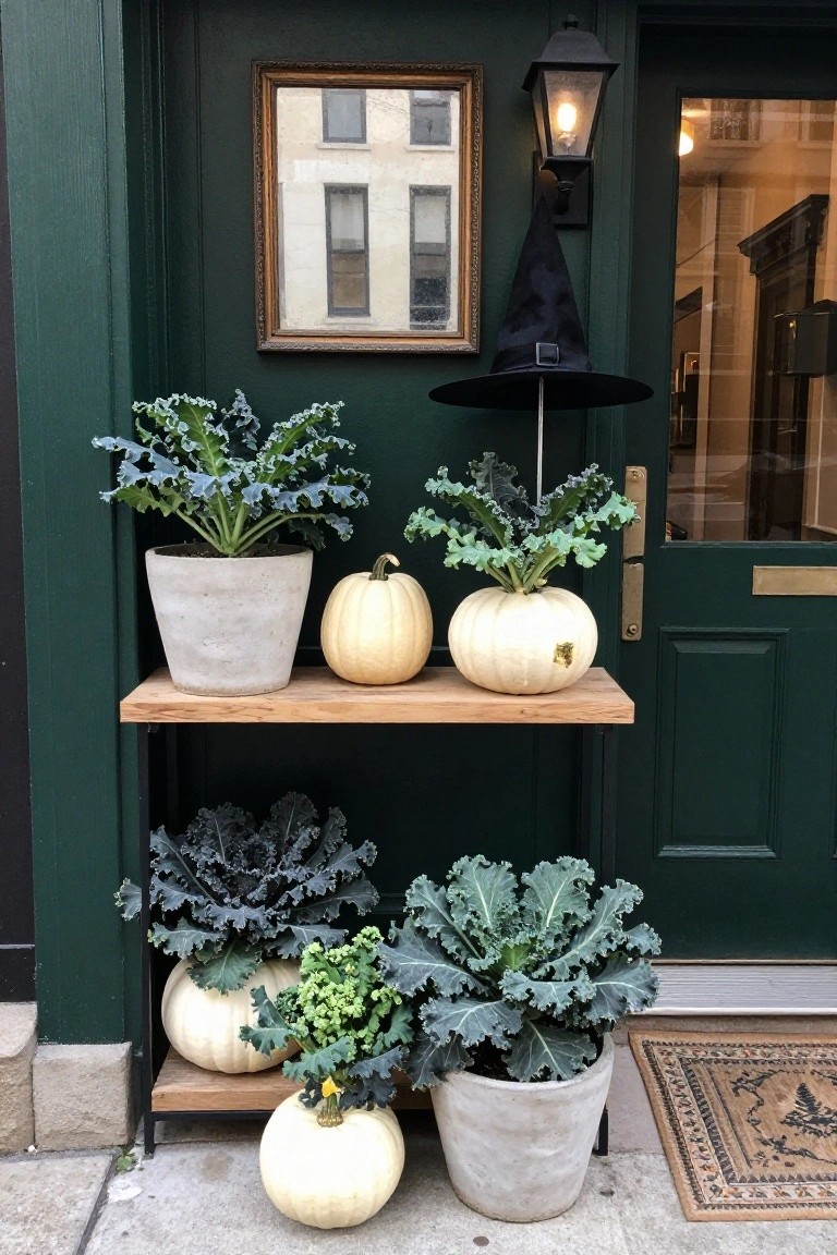 Green front door with wooden shelf displaying white pumpkins in pots of blue-green kale, black witch hat on stand, lantern light, and additional potted plants on the stoop.
