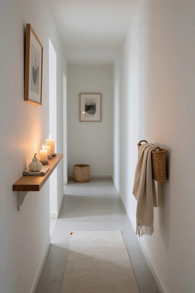 Long white hallway with light wood floating shelf on one wall holding white candles, small white pumpkin, and cloth napkin, beige basket towel hanger on opposite wall, beige runner rug on gray floor, abstract framed art on walls.