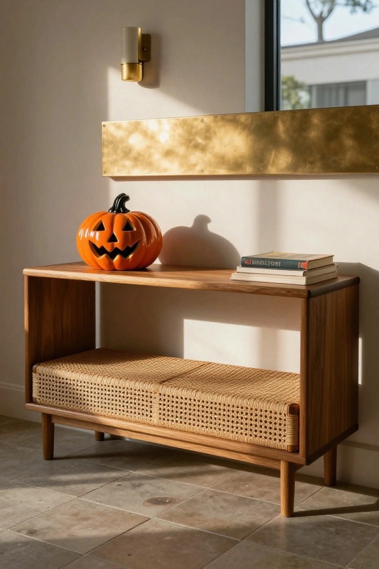 Wooden console bench with rattan seat in entryway, topped with orange jack-o-lantern pumpkin and stacked books, brass wall shelf above and window nearby.