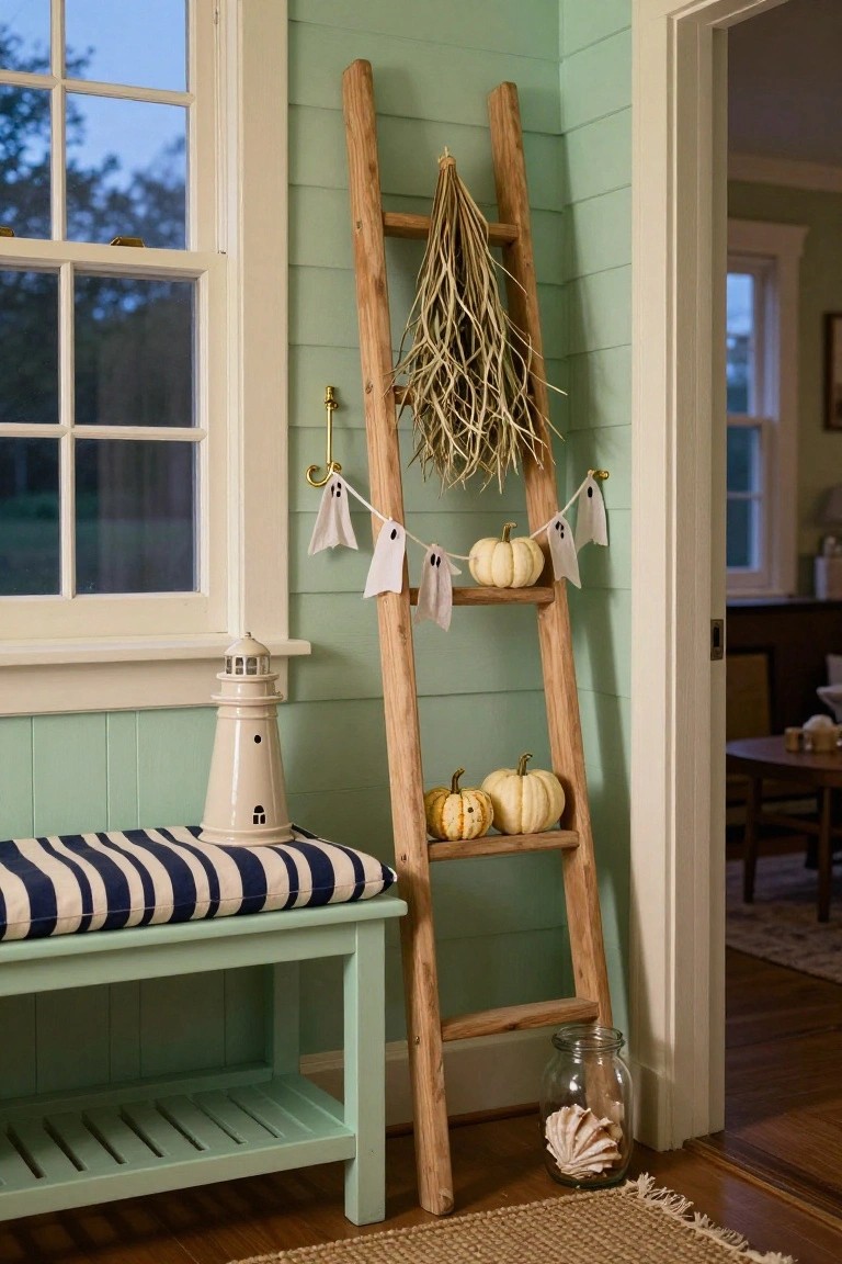 Wooden ladder shelf leaning in a mint green entryway corner, holding white pumpkins and ghost garlands, with a lighthouse figurine, striped bench, and seashell jar nearby.