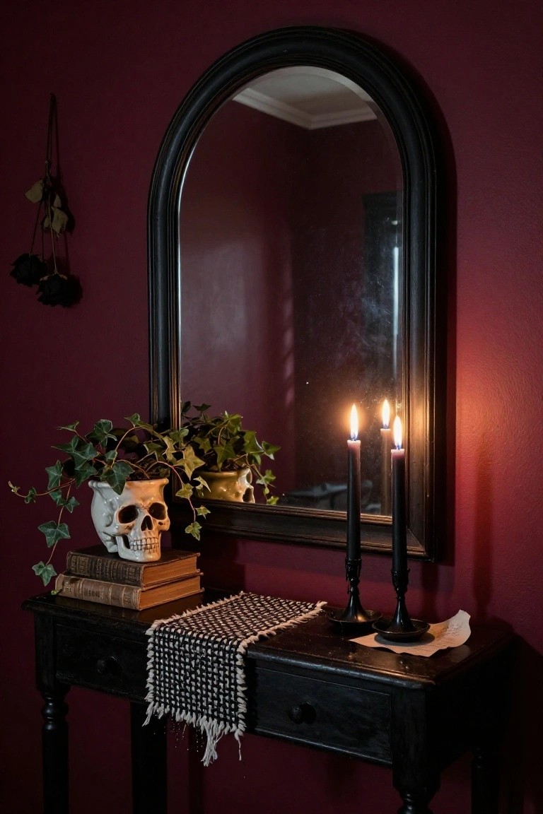 Black arched mirror above a dark wood console table with a skull planter containing ivy, stacked antique books, black candlesticks holding lit candles, a woven runner, and a piece of paper, against maroon walls with hanging plants and black roses.