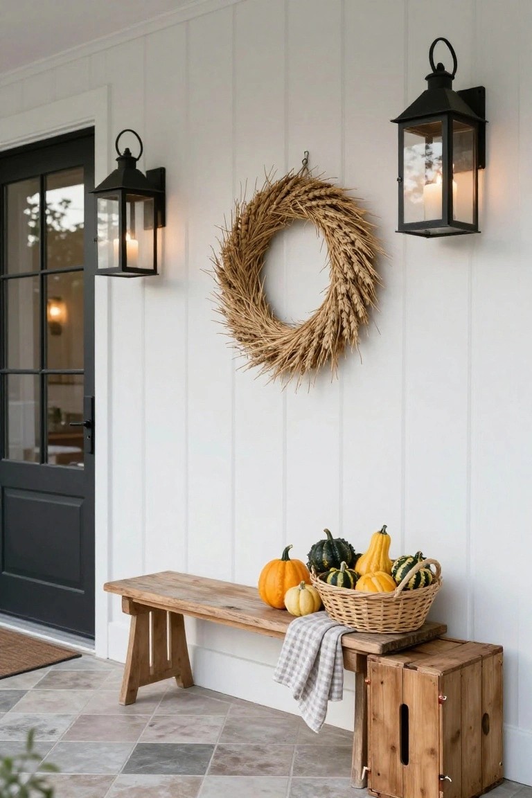 White shiplap exterior wall with black lanterns, wheat wreath, black front door, wooden bench holding pumpkins and a basket of gourds on a tiled porch surface next to a wooden crate.