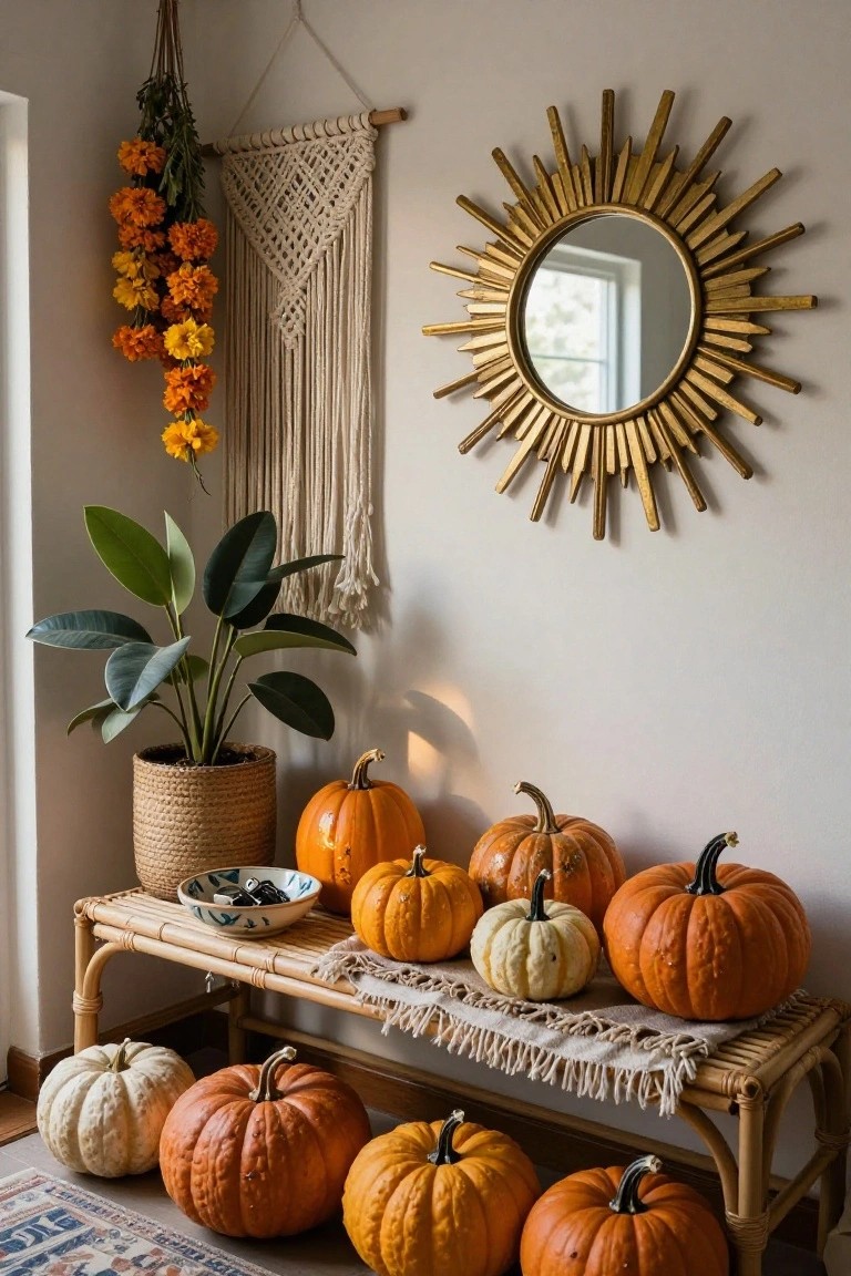 Pumpkins on a Rattan Bench