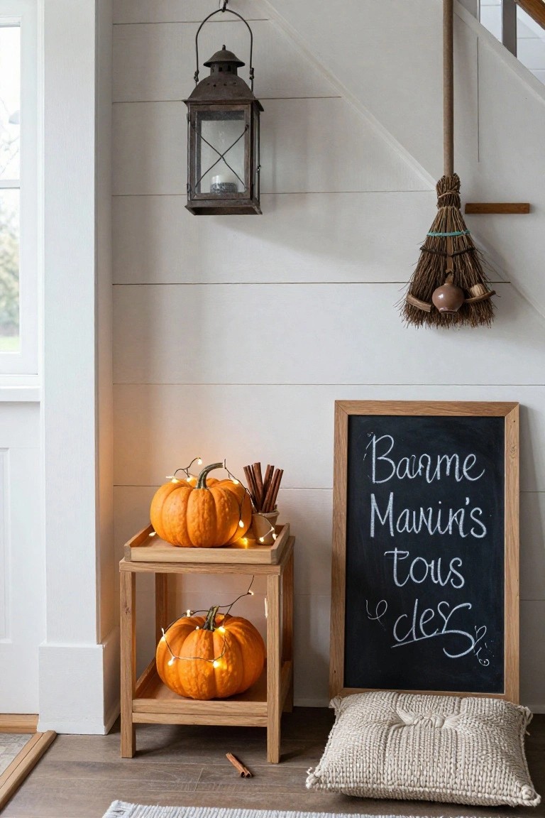 Entryway corner with white shiplap walls, hanging metal lantern, broom decoration, low wooden table holding two lit orange pumpkins with fairy lights and cinnamon sticks, framed chalkboard sign with French handwriting, and beige knit floor pillow on wood floor.