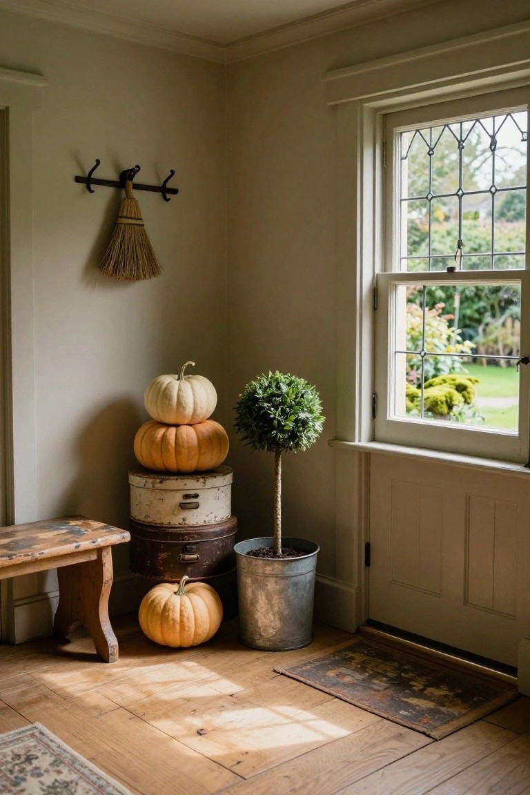 Entryway corner with two stacked pumpkins on a white vintage tin atop a brown tin, a single pumpkin on the floor, wooden stool, potted boxwood in metal bucket, broom on wall hook, leaded glass window, open door, and wood floor.