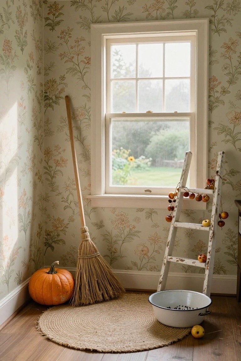 Corner of an indoor room with pale green floral wallpaper, a multi-pane window showing a garden view, a wooden broom leaning by the window, an orange pumpkin on the wood floor, a white wooden ladder leaning nearby with strings of small apples draped on it, a white enamel basin containing dark beans on a seagrass rug.