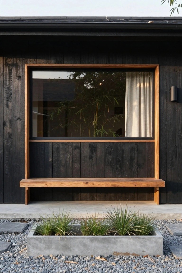 Black wood-clad house wall with a tall rectangular window framed in lighter wood, a built-in wooden bench below the window, a concrete planter box with ornamental grasses in front, and gravel ground cover with stone pavers.