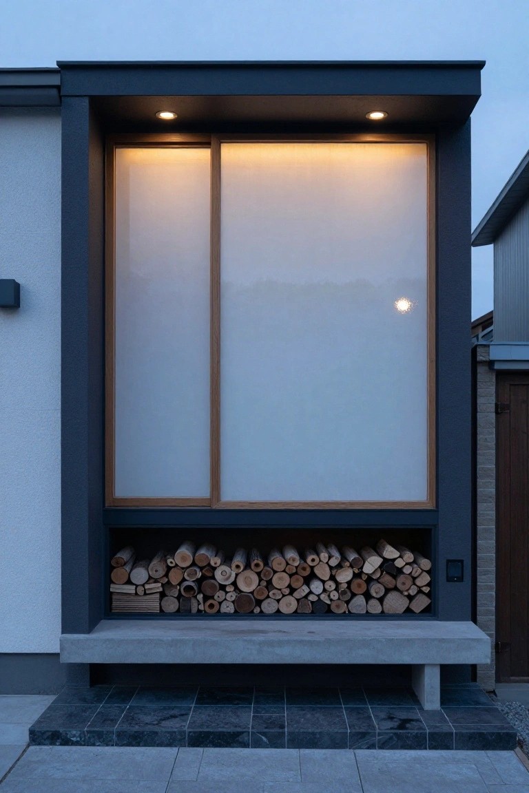 Exterior of a modern house showing a large frosted sliding window with wood frame, below it a built-in niche stacked with firewood logs topped by a concrete bench, on dark stone and gravel paving.