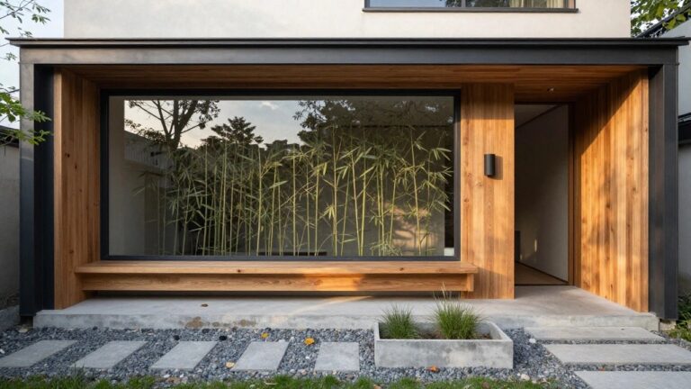 Black wood-clad house wall with a tall rectangular window framed in lighter wood, a built-in wooden bench below the window, a concrete planter box with ornamental grasses in front, and gravel ground cover with stone pavers.