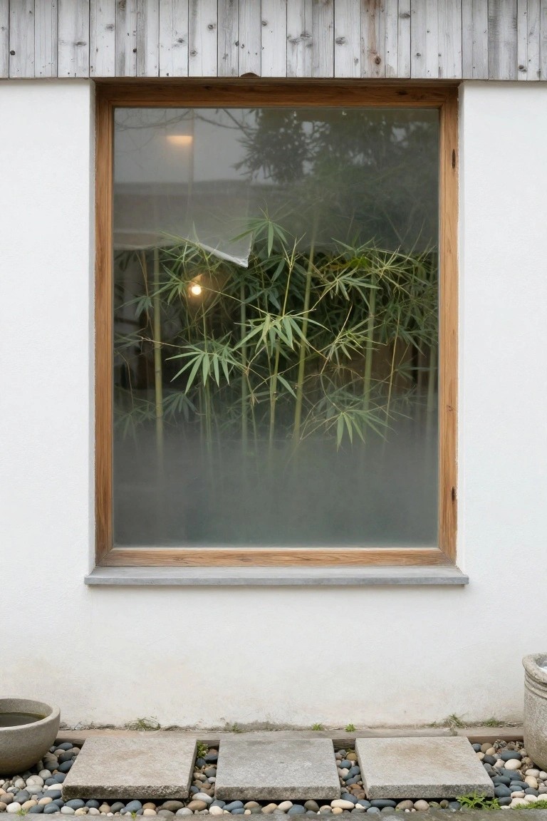 Exterior of a house showing a large rectangular window with wooden frame and frosted glass revealing bamboo plants and a light inside, set in a white wall above gray stone steps surrounded by pebbles and a large terracotta pot.